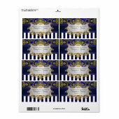Blu Wht Stripe, Blu Gold Damask H Wijnflesetiket Etiket (Full Sheet)