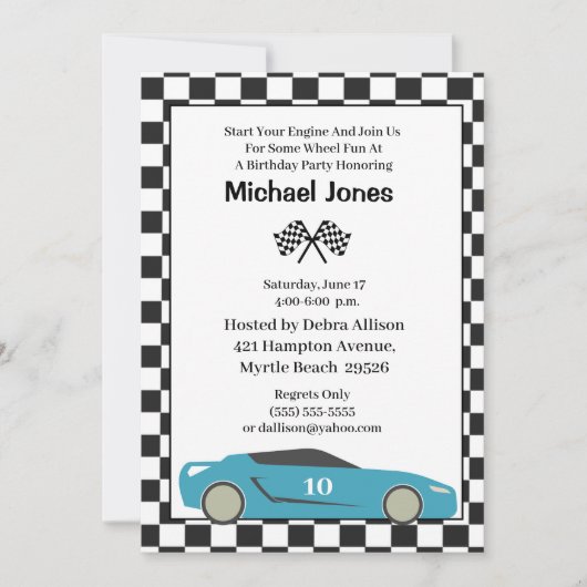 Blue 10th Birthday Race Car Invitation Kaart (Voorkant)