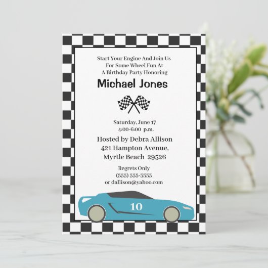 Blue 10th Birthday Race Car Invitation Kaart (Staand voorkant)