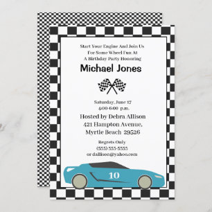 Blue 10th Birthday Race Car Invitation Kaart