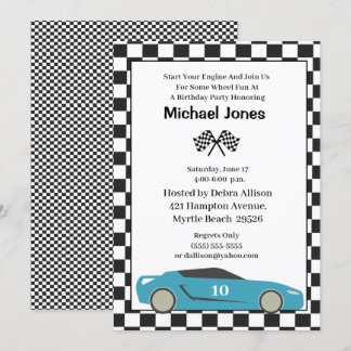 Blue 10th Birthday Race Car Invitation Kaart