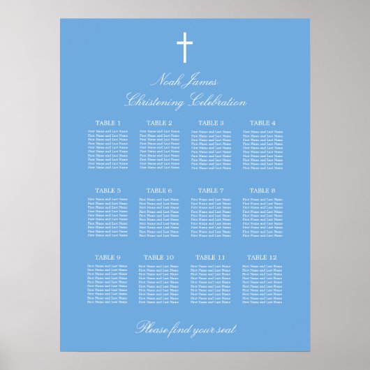 Blue 12 Table Christening Seating Chart Poster (Voorkant)