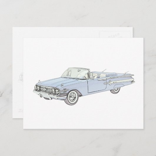 Blue 1960 Chevy Impala Convertible Pencil Tekening Briefkaart (Voorkant / Achterkant)
