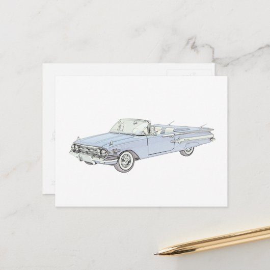 Blue 1960 Chevy Impala Convertible Pencil Tekening Briefkaart (Voorkant / Achterkant in situ)