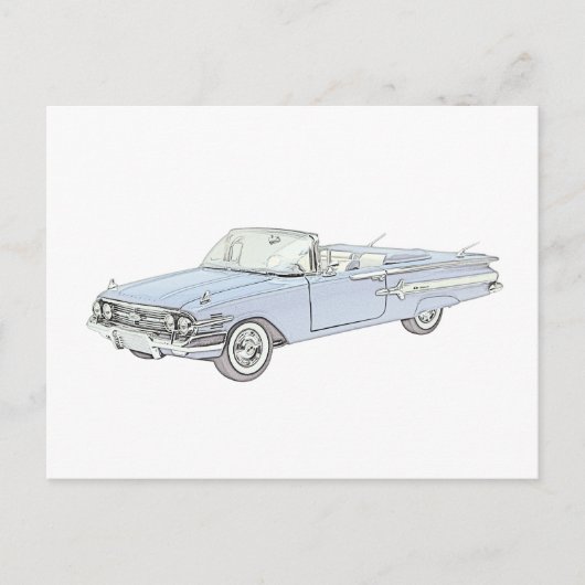 Blue 1960 Chevy Impala Convertible Pencil Tekening Briefkaart (Voorkant)