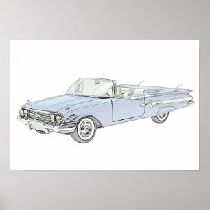 Blue 1960 Chevy Impala Convertible Pencil Tekening Poster
