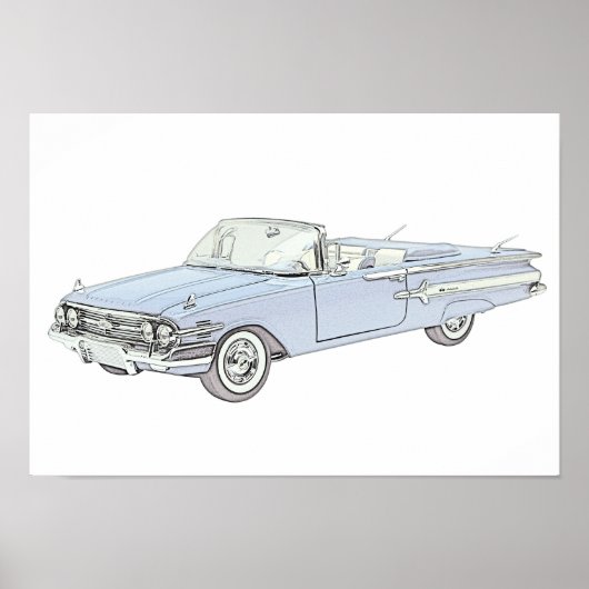 Blue 1960 Chevy Impala Convertible Pencil Tekening Poster (Voorkant)