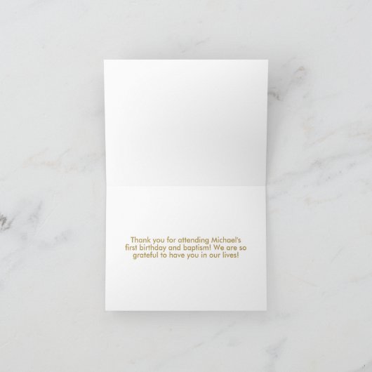 Blue 1st Birthday Baptism Gold Text Photo for Boy Bedankkaart (Binnen)