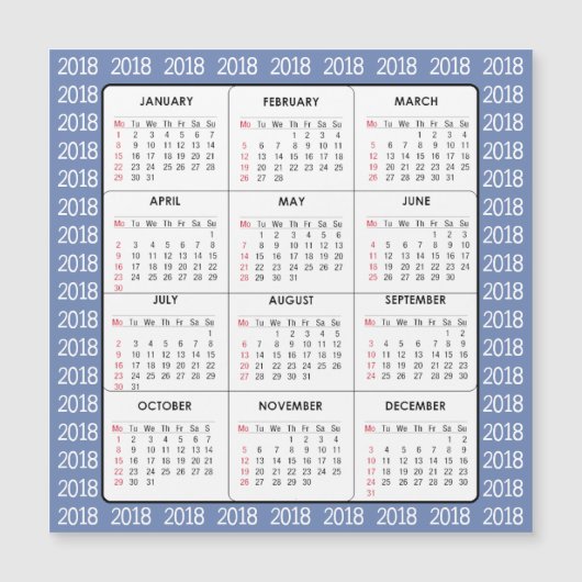 Blue 2018 Calendar Square Magnetic Card (Voorkant)