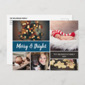 Blue 2022 Merry and Bright Photo Collage Kerstmis Feestdagenkaart (Voorkant / Achterkant)