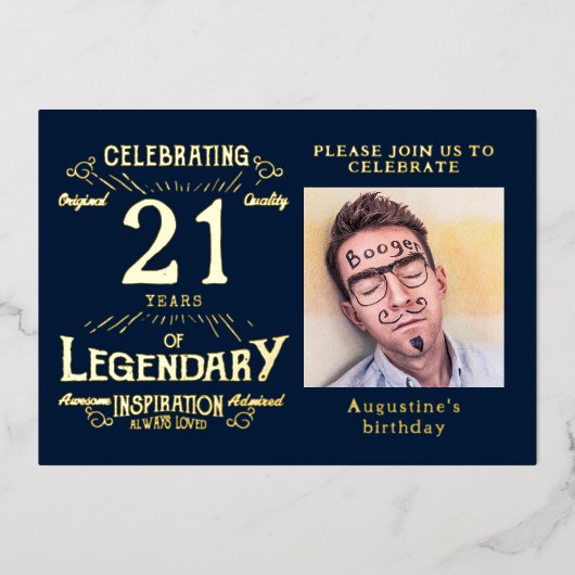 Blue 21st Birthday  Gold Folie Uitnodiging (Voorkant)