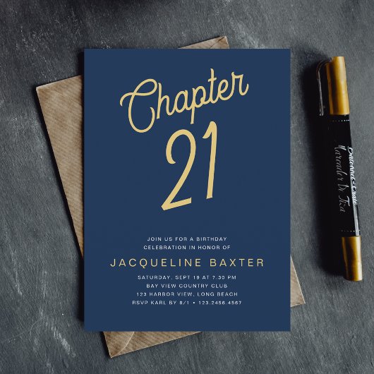 Blue 21st Birthday Gold Script 21 Birthday Kaart