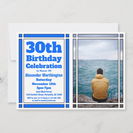 Blue 30th Birthday Party Invitation Kaart (Voorkant)