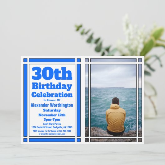 Blue 30th Birthday Party Invitation Kaart (Staand voorkant)