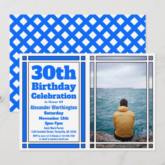 Blue 30th Birthday Party Invitation Kaart (Voorkant / Achterkant)
