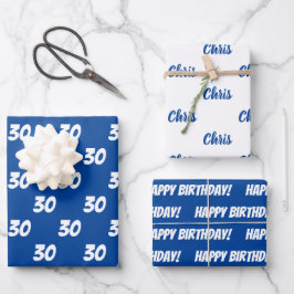 Blue 30th Happy Birthday Custom Name Inpakpapier Vel