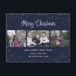 Blue 3 Photo Collage Calligrafie Feestdagenkaart<br><div class="desc">Aangepaste blauwe briefkaarten voor kerstmis met foto's met een collage en een mooie titel voor handgeschreven teksten met sterren en groen. Pas dit blauwe Merry-kerstbriefkaart eenvoudig aan met uw afbeeldingen,  tekst,  jaar en familienaam. U kunt de achtergrond en de doopvont in om het even welke kleur ook veranderen.</div>