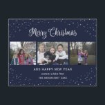 Blue 3 Photo Collage Calligrafie Feestdagenkaart<br><div class="desc">Aangepaste blauwe briefkaarten voor kerstmis met foto's met een collage en een mooie titel voor handgeschreven teksten met sterren en groen. Pas dit blauwe Merry-kerstbriefkaart eenvoudig aan met uw afbeeldingen,  tekst,  jaar en familienaam. U kunt de achtergrond en de doopvont in om het even welke kleur ook veranderen.</div>