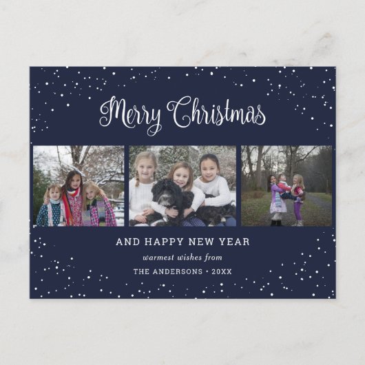 Blue 3 Photo Collage Calligrafie Feestdagenkaart (Voorkant)