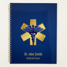 Blue 3D Caduceus Gold Cross Medical Cross