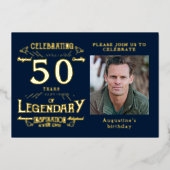 Blue 50th Birthday  Gold Folie Uitnodiging (Voorkant)