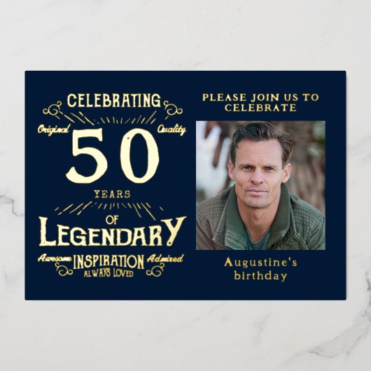 Blue 50th Birthday  Gold Folie Uitnodiging (Voorkant)