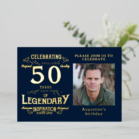 Blue 50th Birthday  Gold Folie Uitnodiging (Staand Voorkant)