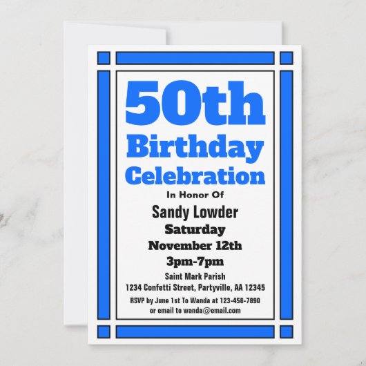 Blue 50th Birthday Invitation Kaart (Voorkant)