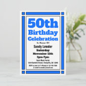 Blue 50th Birthday Invitation Kaart (Staand voorkant)