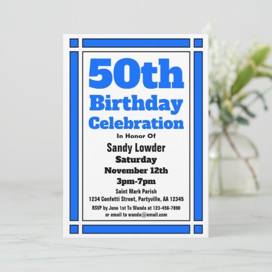 Blue 50th Birthday Invitation Kaart (Staand voorkant)