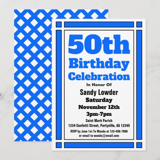 Blue 50th Birthday Invitation Kaart (Voorkant / Achterkant)
