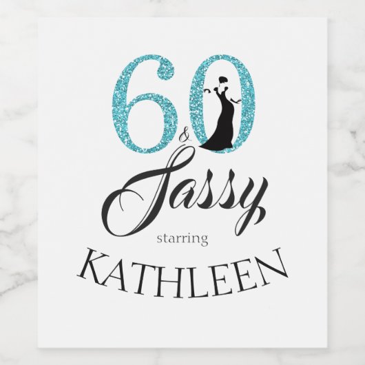 Blue 60 en Sassy Birthday Party Custom Name Wijn Etiket (Enkel label)