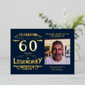 Blue 60th Birthday Gold Folie Uitnodiging (Staand Voorkant)