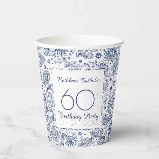 Blue 60th Birthday Party Paper Cup Papieren Bekers (Voorkant)