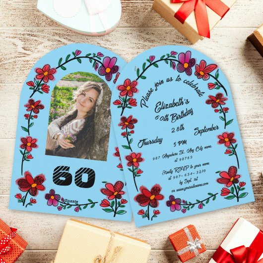 Blue 60th Birthday Party Whimsical Doodle Flowers Kaart