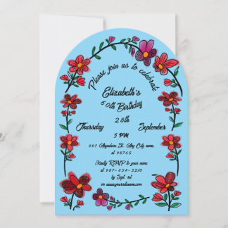 Blue 60th Birthday Party Whimsical Doodle Flowers  Kaart