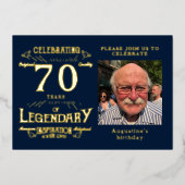 Blue 70th Birthday  Gold Folie Uitnodiging (Voorkant)