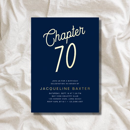 Blue 70th Birthday Gold Script Chapter 70 Party Folie Uitnodiging