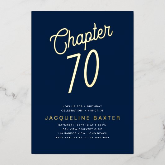 Blue 70th Birthday Gold Script Chapter 70 Party Folie Uitnodiging (Voorkant)