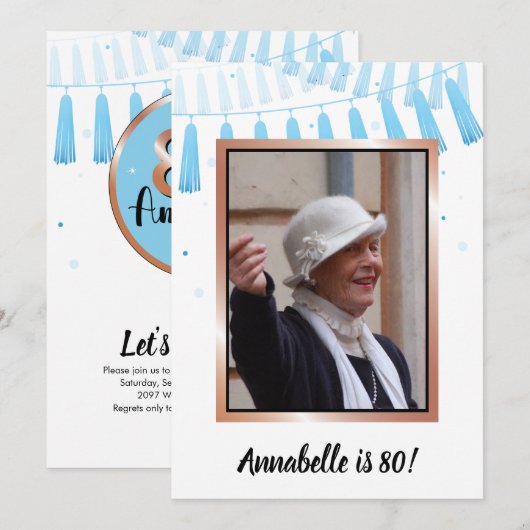 Blue 80 & Amazing 80th Birthday Party Invitation Kaart (Voorkant / Achterkant)