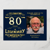 Blue 80th Birthday  Gold Folie Uitnodiging (Voorkant)