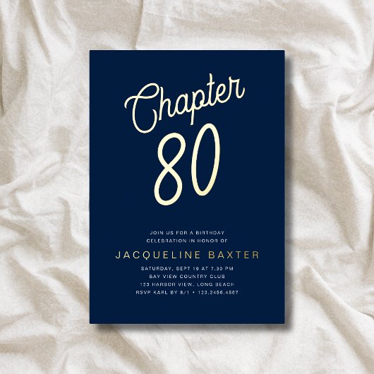 Blue 80th Birthday Gold Script Chapter 80 Party Folie Uitnodiging