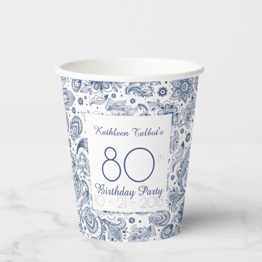 Blue  80th Birthday Party Paper Cup Papieren Bekers (Voorkant)