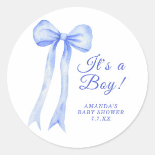 Blue a Bow Het is een Boy Baby shower Ronde Sticker