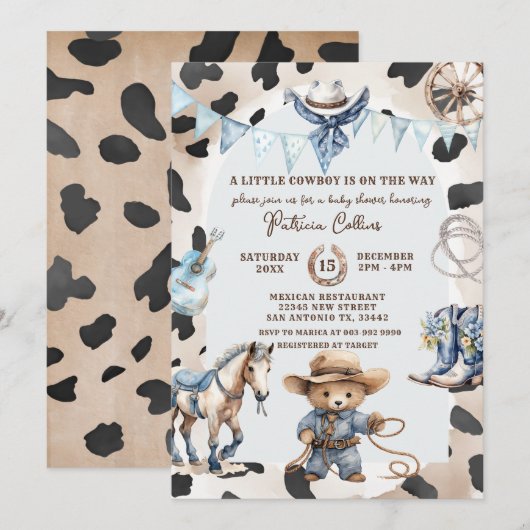 Blue A Little Cowboy Country Western Baby shower Kaart (Voorkant / Achterkant)