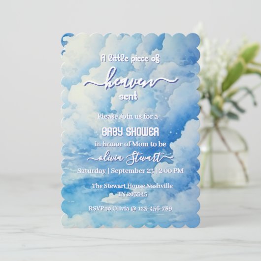 Blue A Little Piece of Heaven Send Baby shower Inv Kaart (Staand voorkant)