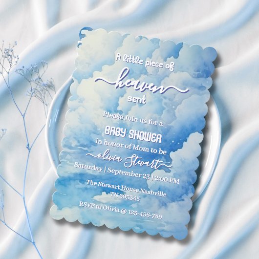 Blue A Little Piece of Heaven Send Baby shower Inv Kaart
