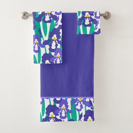 Blue Abstract Iris Floral Pattern Border Bad Handdoek (Insitu)