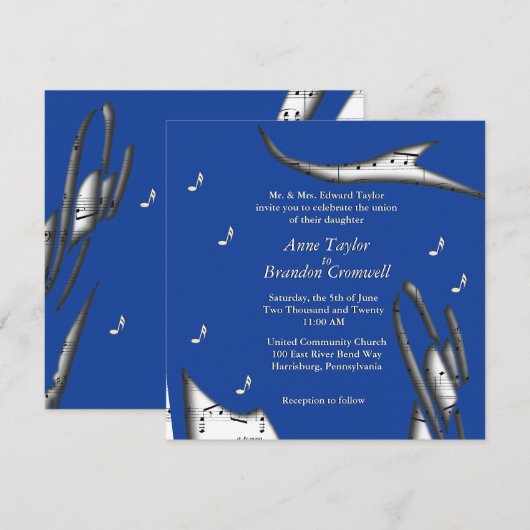 Blue Abstract Music Theme Wedding Invitation Kaart (Voorkant / Achterkant)