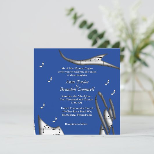 Blue Abstract Music Theme Wedding Invitation Kaart (Staand voorkant)